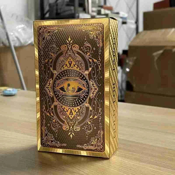 Golden foil tarot deck with 78 waterproof PVC cards displayed in elegant packaging