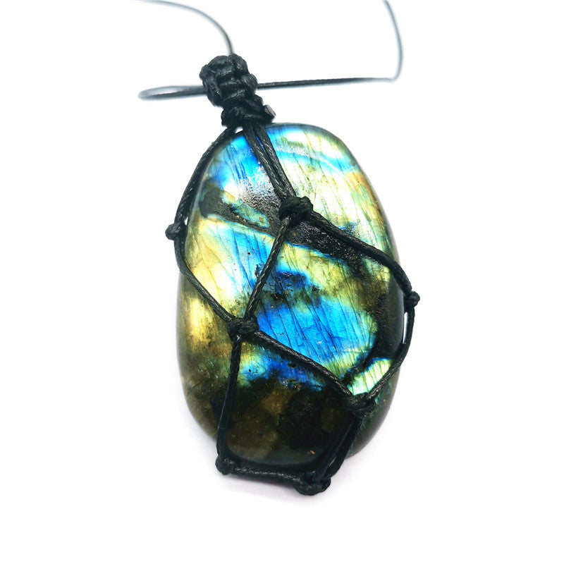 Labradorite pendant necklace showing adjustable macramé cord design