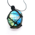 Natural labradorite crystal pendant necklace with blue flash on hand-woven macramé cord
