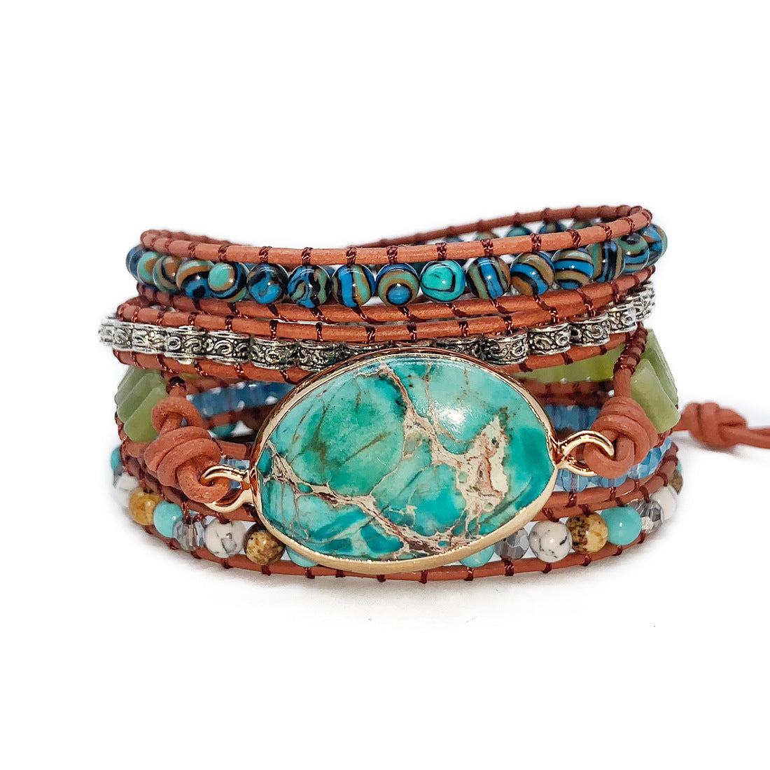 Complete 5-piece turquoise wrap bracelet set - bohemian festival jewelry
