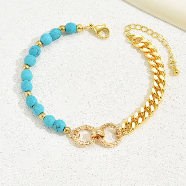 Turquoise-Style Beaded Bracelet - Boho Gold Chain Half-and-Half Design