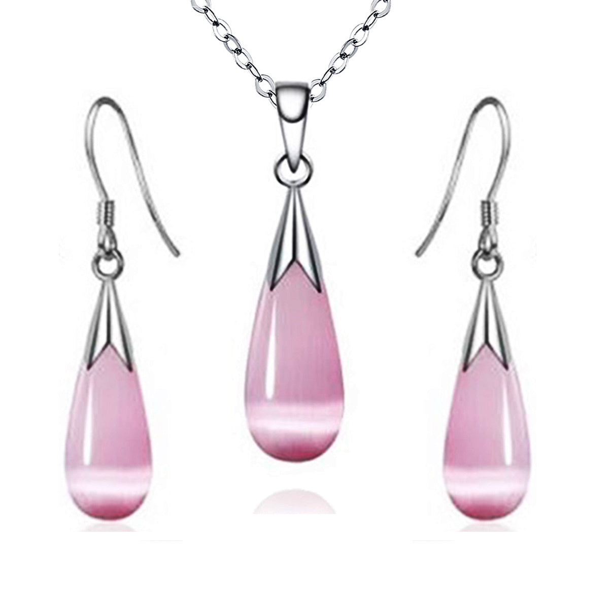 Pink Gradient Gemstone Jewelry Set - Teardrop Necklace & Earrings